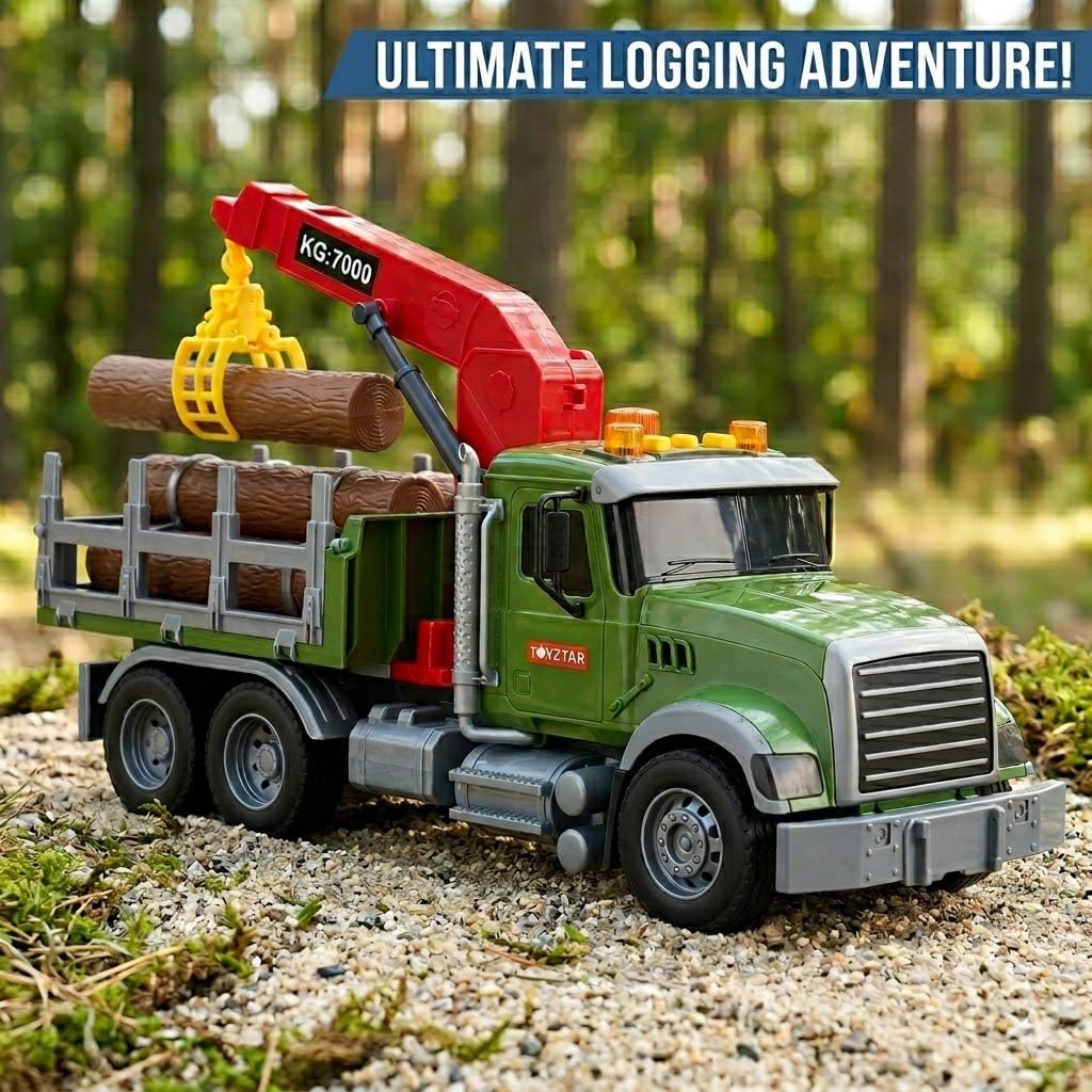 15" Green Crane Truck Toy,Logging Truck Tow Truck Toy,Construction Trucks for Boys Girls 3 4 5 6 7 8 Years Old,with Lights & Sounds,Holiday and Birthday Gift