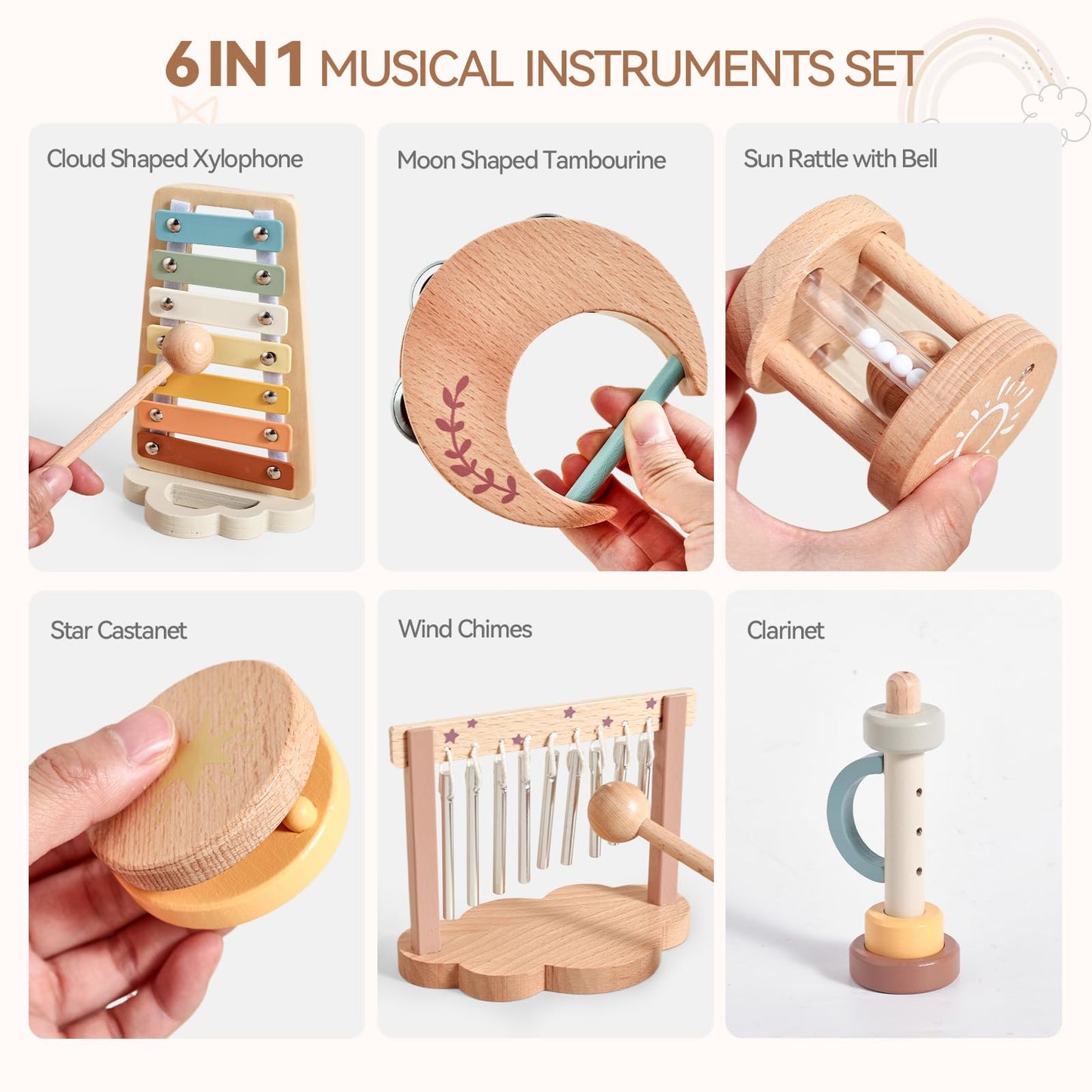 Promise Babe Wooden Xylophone Musical Instrument Sets Toy for Kids, Rattle Bell Montessori Cloud Toddler Music Percussion Toys, Christmas Birthday Gifts for Boys Girls 3 Year+