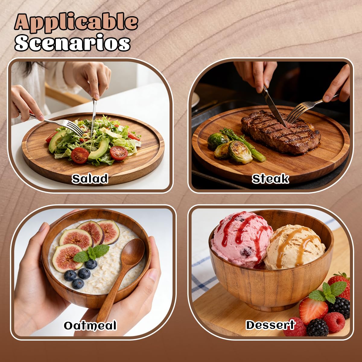12 Pcs Wood Dinnerware Set,8 Inch 10 Inch Round Wooden Plates and wooden bowl,4 Person Set of Wooden Dinner Ware Set for Main Meals,Snacks and Desserts