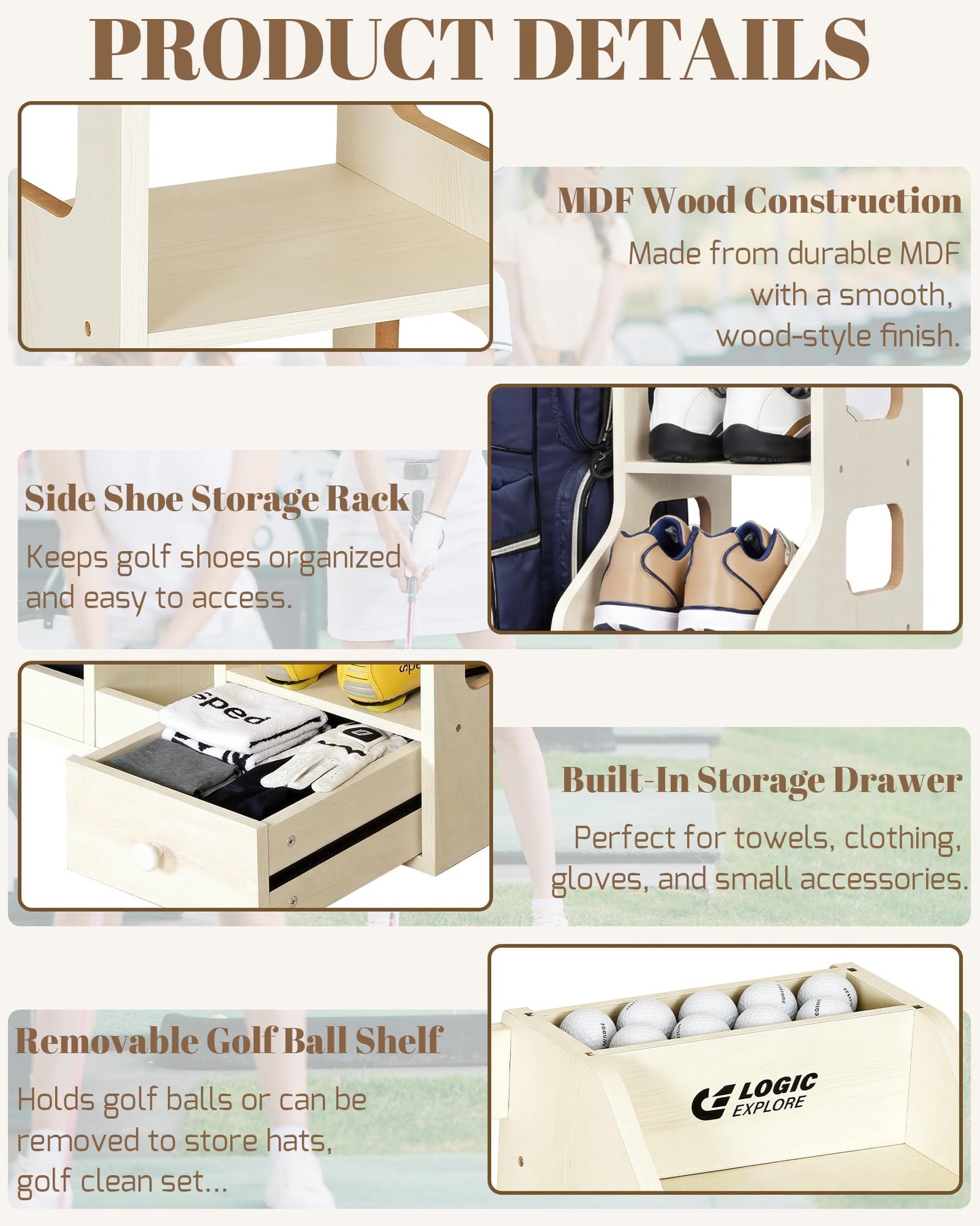 Logicexplore Premium Wooden Golf Bag Organizer Rack, Golf Bag Storage Rack with Drawer, MDF Wooden Golf Organizer for 2 Golf Bags, Heavy Duty Golf Equipment Storage Rack for Home, Garage, Golf Club