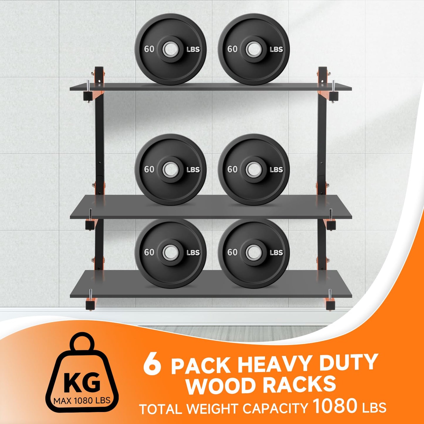 Lumber Rack Wall Mount, Heavy Duty Wood Storage Racks, 9-Level System Garage Shelving, 1080 Lbs Capacity Organizer Shelves, Folding Orange Brackets, 6 Pack Hanging Metal Shelf for Indoor and Outdoor