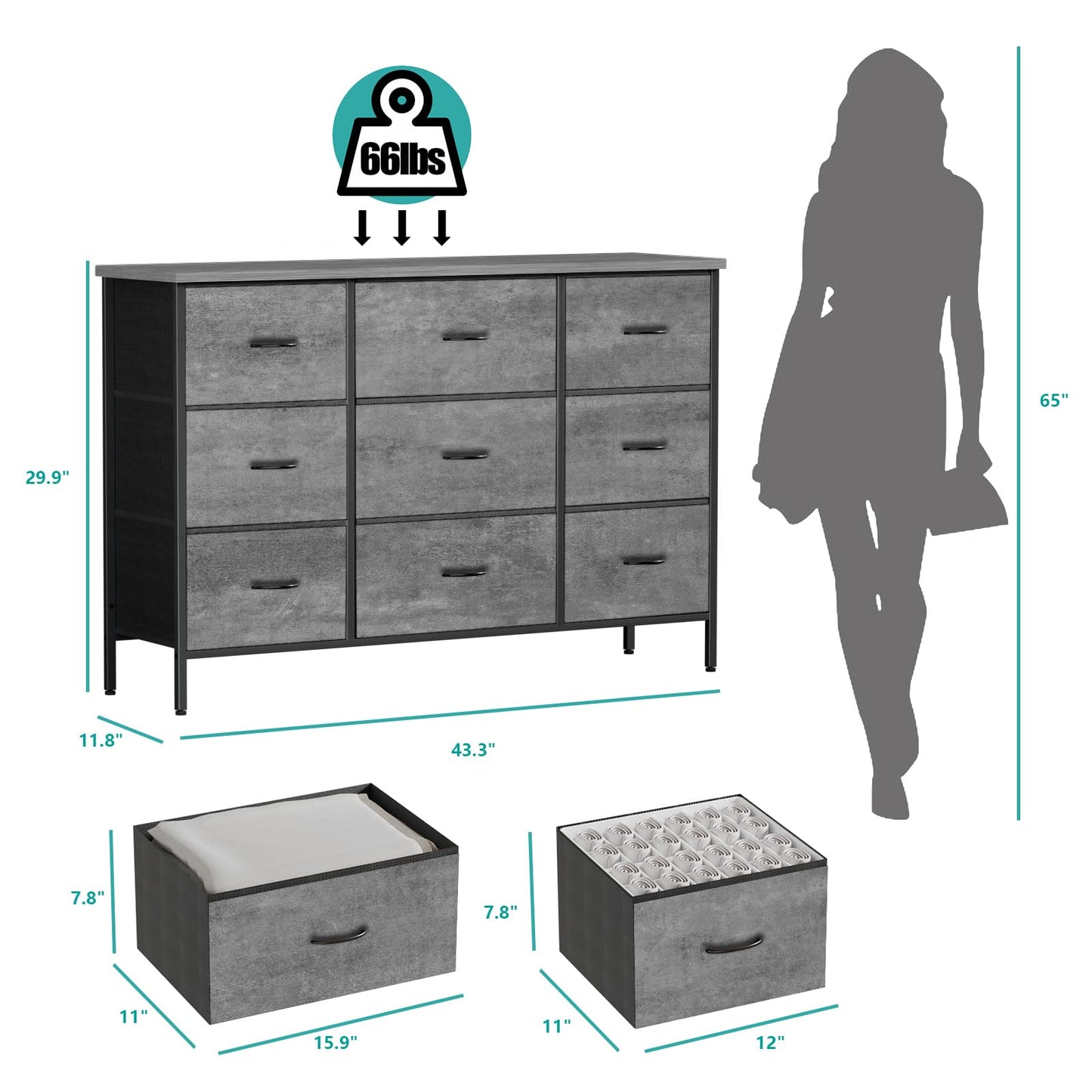 VASICAR Dresser for Bedroom with 9 Deep Drawers, Wide TV Stand Modern TV Console, Fabric Storage Cabinet, Chest of Drawers for Closet, Nursery (Gray)