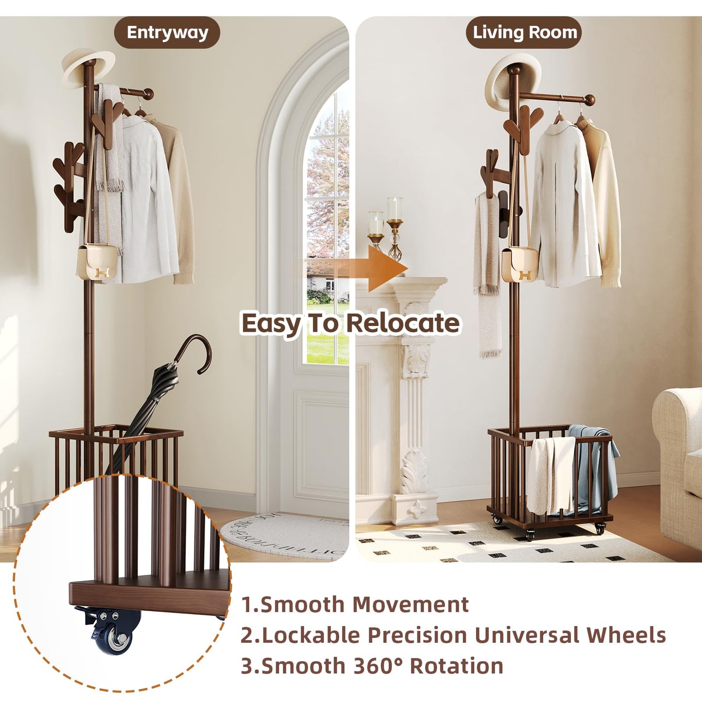 Cactus Freestanding Wooden Coat Rack with Storage Basket,Walnut Coat Rack with Hooks and Wheels,Space-Saving Entryway Organizer for Hanging Clothes,Bags and Storing Towels,Bedroom, Living Room