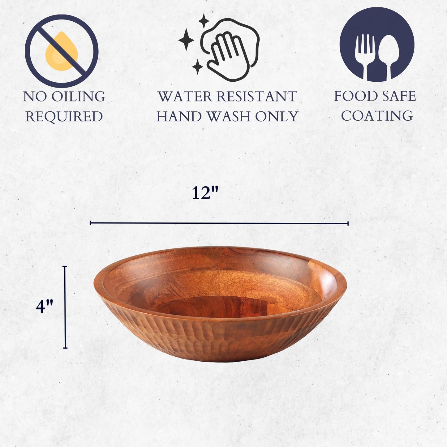 LAVAUK 12" x 4" Wood bowl with hand carved pattern | 4.3 quarts capacity | wooden bowl for food, serving salads, pasta, cereal or popcorn | kitchen counter centerpiece bowl for fruits |