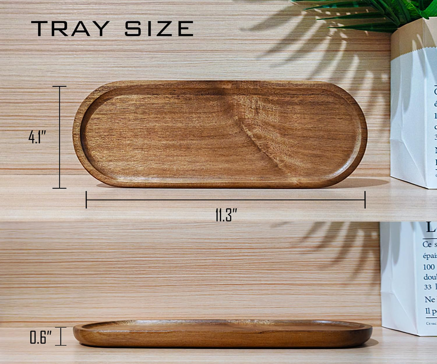 VSUINGO Small Wooden Oval Tray (11.3 x 4.1 inch) 3 Pack, Mini Serving Tray for Coffee Tables, Dessert, Snack, Fruit, Acacia Wood Platter for Vegetable, Decor Restaurant