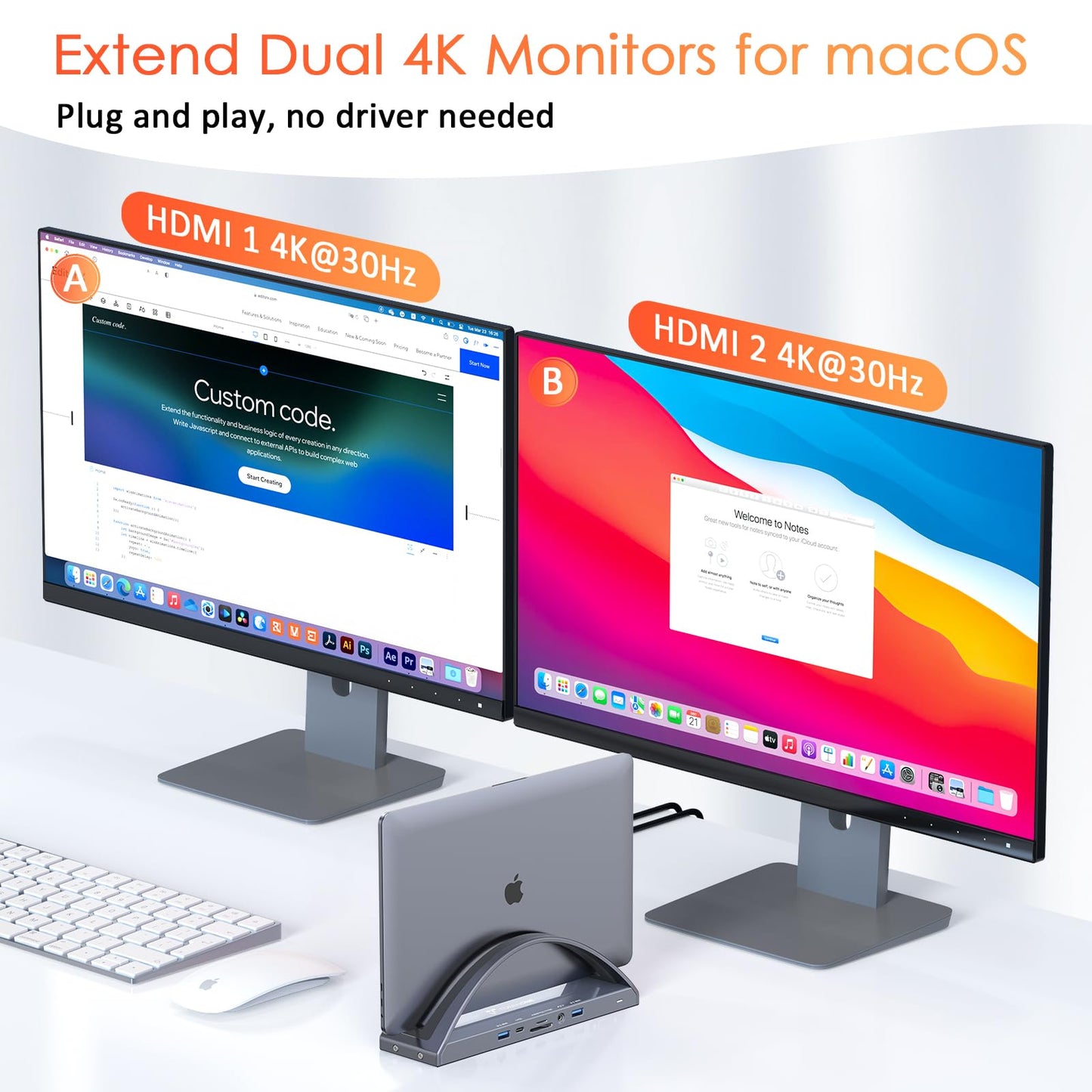 TobenONE MacBook Docking Station Dual 4K Monitor for M1-M5 Pro/Max, 13-in-2 USB C Docking Station with 100W Power Adapter, Laptop Dock Stand with 2 HDMI, VGA, 5 USB, PD 3.0, RJ45, SD/Micro SD, Audio