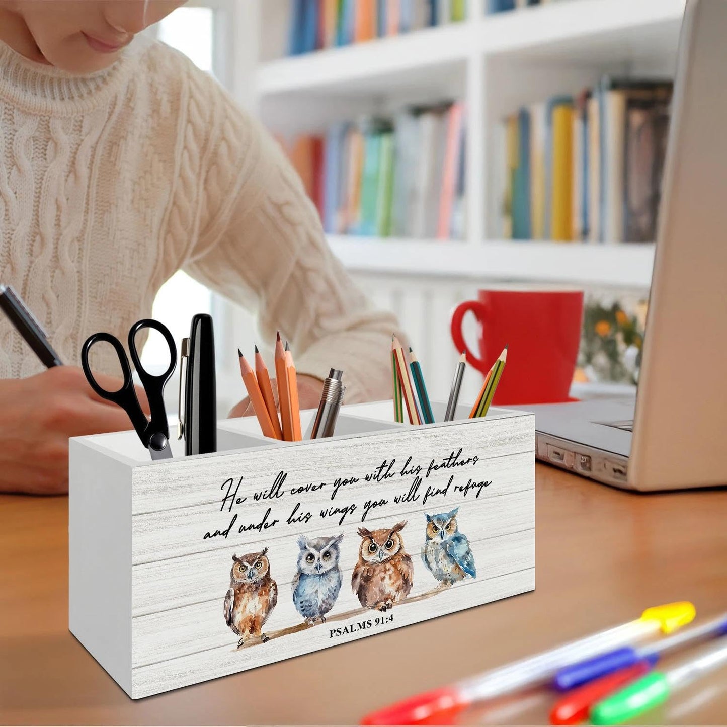 LIANGEAGOM Christian Owl Bird Pen Pencil Holder Organizer for Desk Accessories, Christian Gifts for Women, Owl Gifts, Bible Verse Wooden Box Signs Decorations for Home Office Desk Tabletop