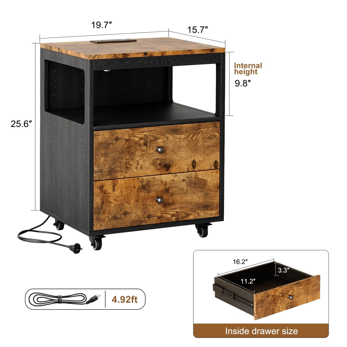 Tbimercftra Bedroom Nightstand with Charging Station, Side Table with 2 Drawers,Sofa End Table Living Room with Wheels for Living Room Bedroom Office(Rustic Brown + Black)