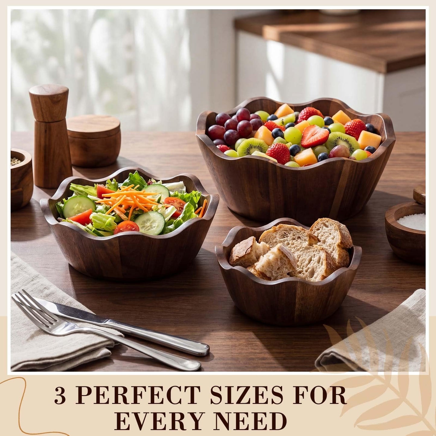 Hushee 3 Pcs Acacia Wooden Salad Bowls Set, 8/10/12 Inch Decorative Scalloped Salad Bowls, Large Wood Serving Mixing Bowl for Fruit, Pasta, Snacks, Weddings, Natural Housewarmings Gifts