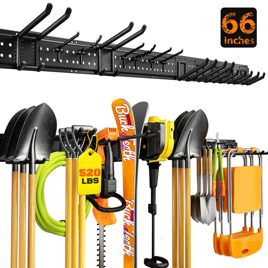 ZICANYCO Garage Tool Organizer Wall Mount 66 inches with 13 Adjustable Heavy-Duty Hooks, Garage Organization, Garden Tool Storage Rack for Garage, Yard, and Shed, Holds Up to 520 lbs