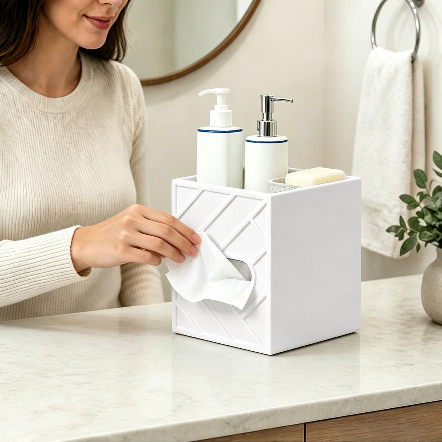 Militwo Aesthetic Tissue Box Cover with Top Tray, Modern Cube Wooden Facial Tissue Holder, Etched Geometric Design Napkin Dispenser for Bathroom, Nightstand, Vanity, Home Theatre