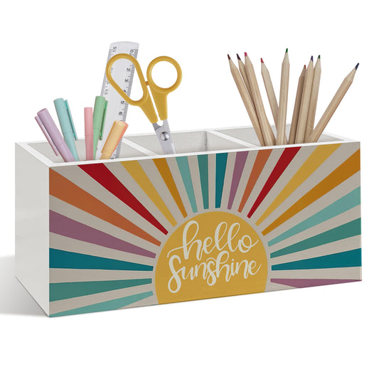 Foyoulame Boho Hello Sunshine Pen Pencil Holder, Sunshine Gifts for Women, Boho Desk Accessories, Colorful Sun Sunrise Wooden Pen Pencil Organizer for Kids Room Classroom Home Office Desk Decor
