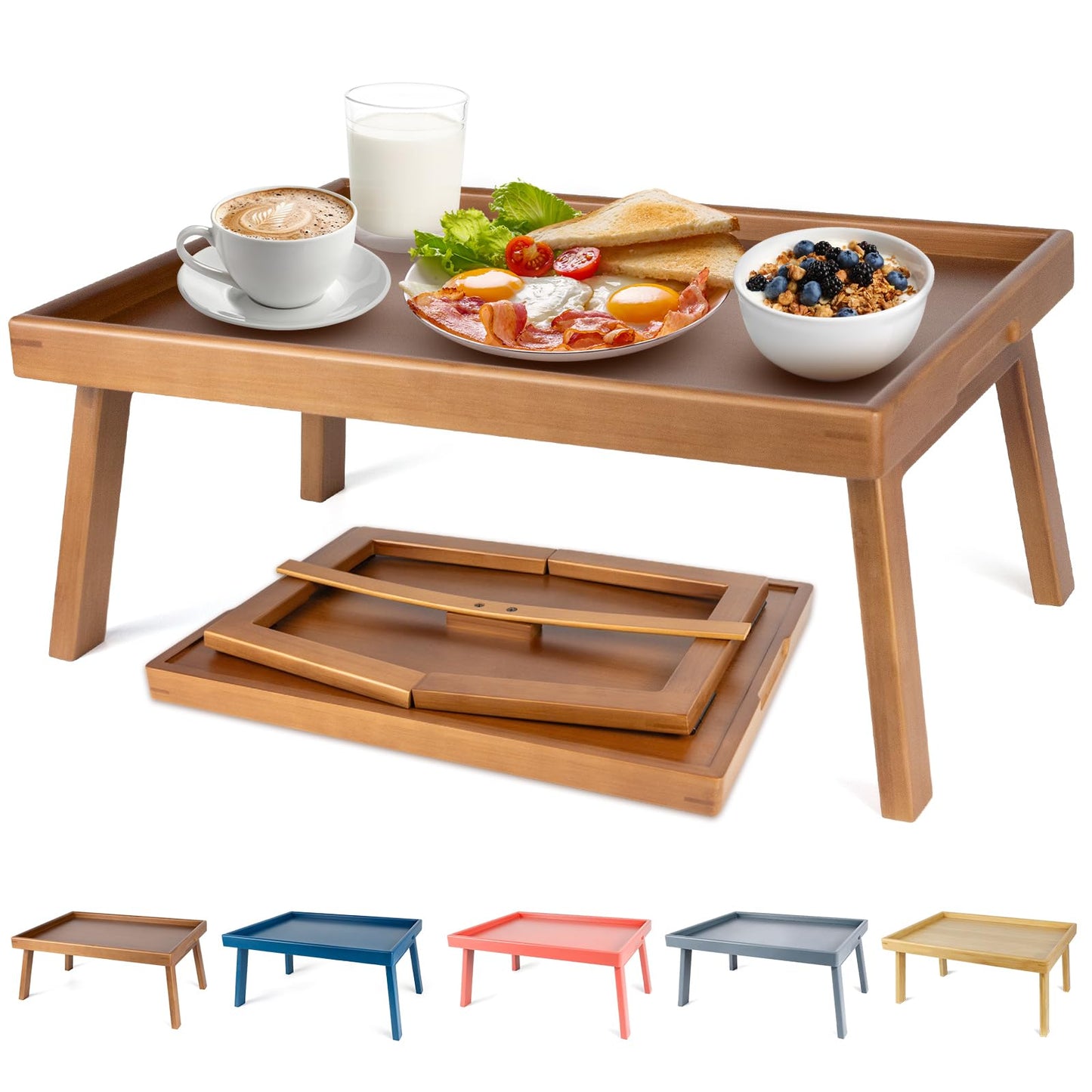 Bmboryxa Bamboo Bed Table Tray with Support Bar and Foldable Legs, Breakfast Food Trays Table for Bed Sofa Eating and Laptops, TV Lap Tray Table on Couch (Applied for Invention Patent)