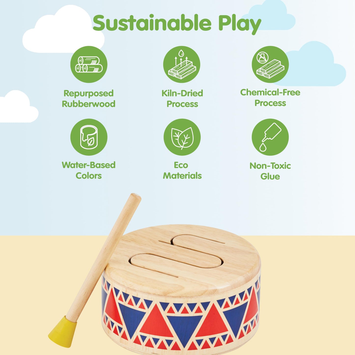 PlanToys® Solid Drum Wooden Musical Toy for Toddlers | Pretend Play Instrument for Kids | Eco-Friendly Percussion Toy for Coordination, Creativity & Early Learning Development
