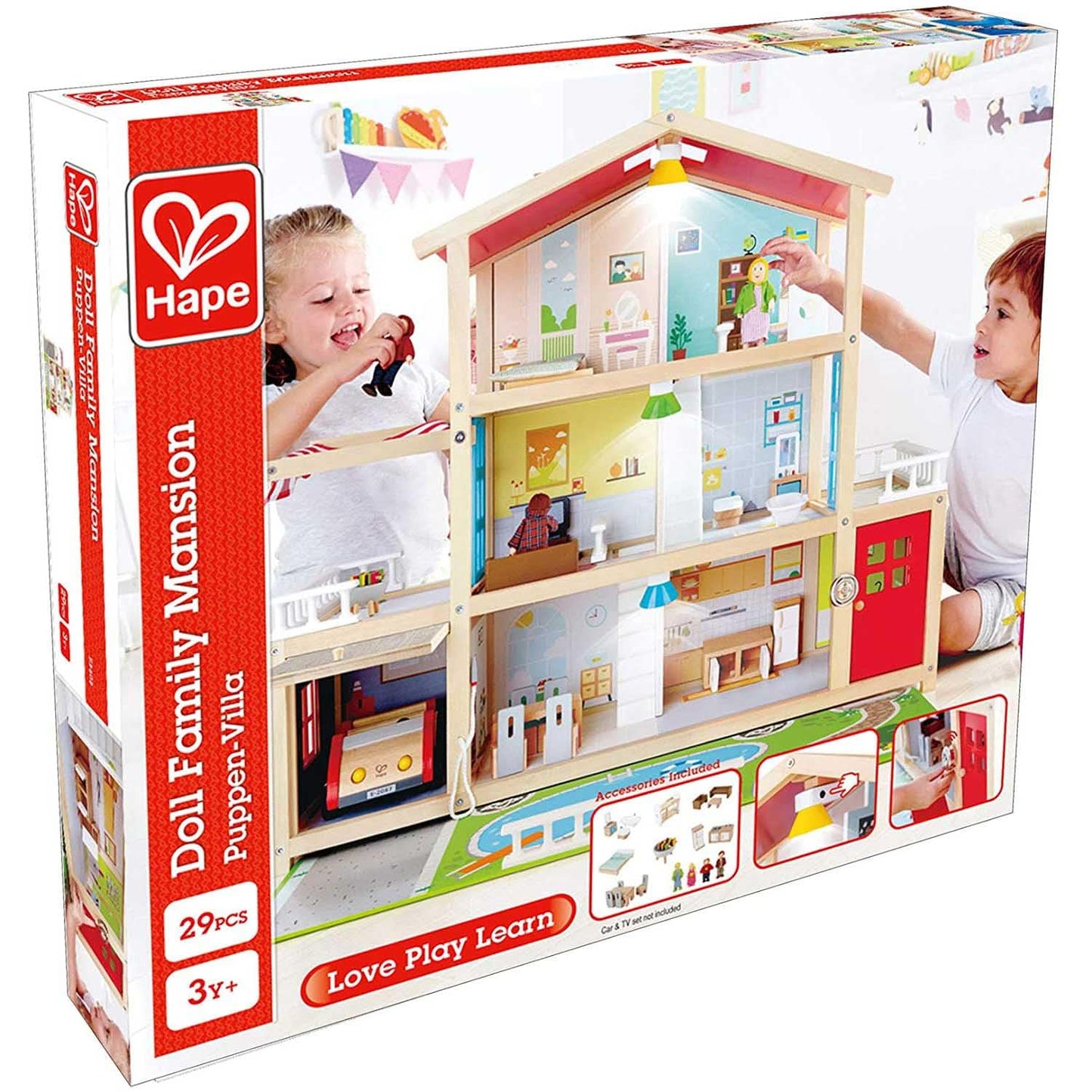 Hape Doll Family Mansion| Award Winning 10 Bedroom Doll House, Wooden Play Mansion with Accessories for Ages 3+ Years