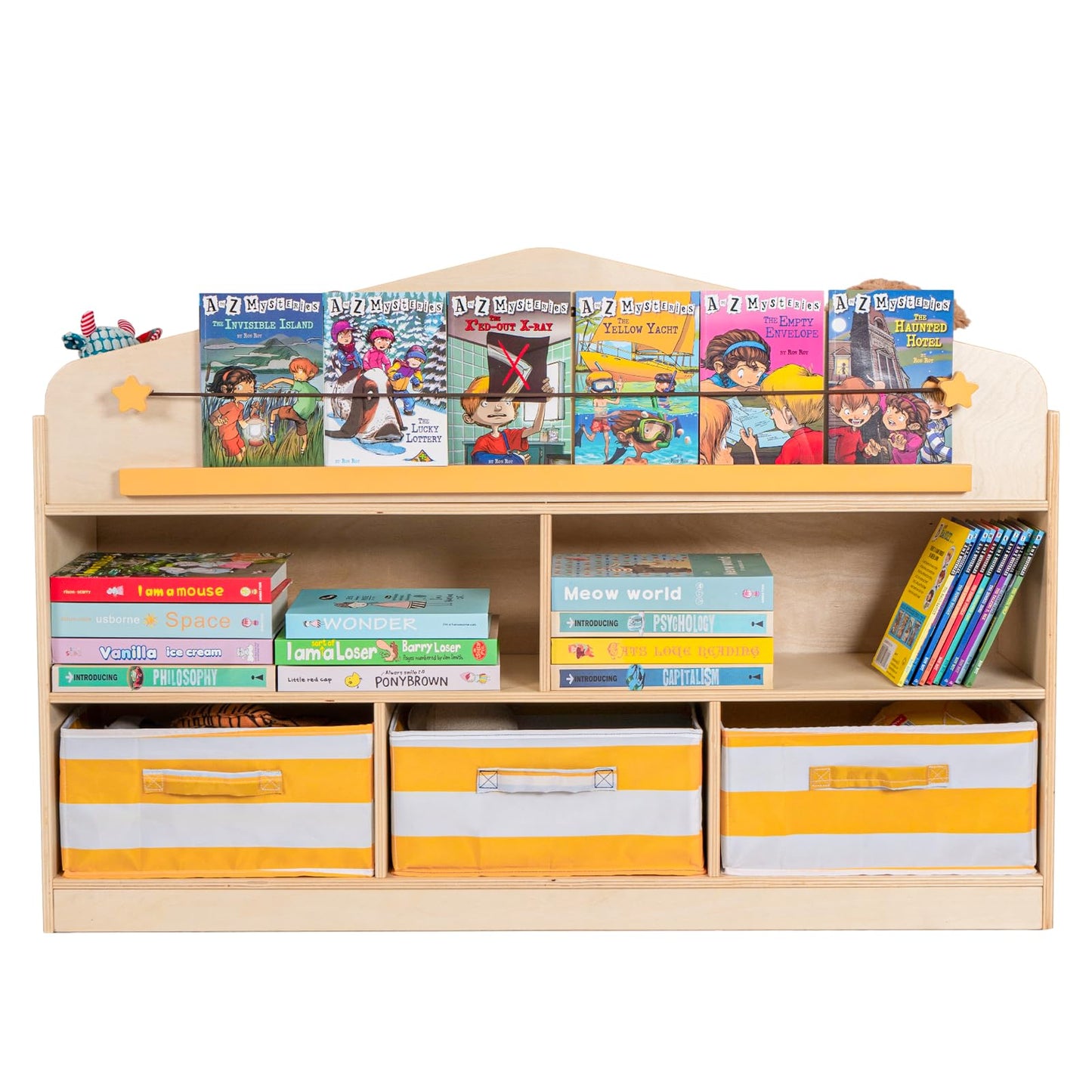 Zoolino Kids Toy Storage Organizer with Bookshelf, Wooden Montessori Playroom Furniture with 3 Removable Bins & Anti-Tip Kit, Toddler Storage Cabinet for Rooms, Playroom, Kindergarten, Natural
