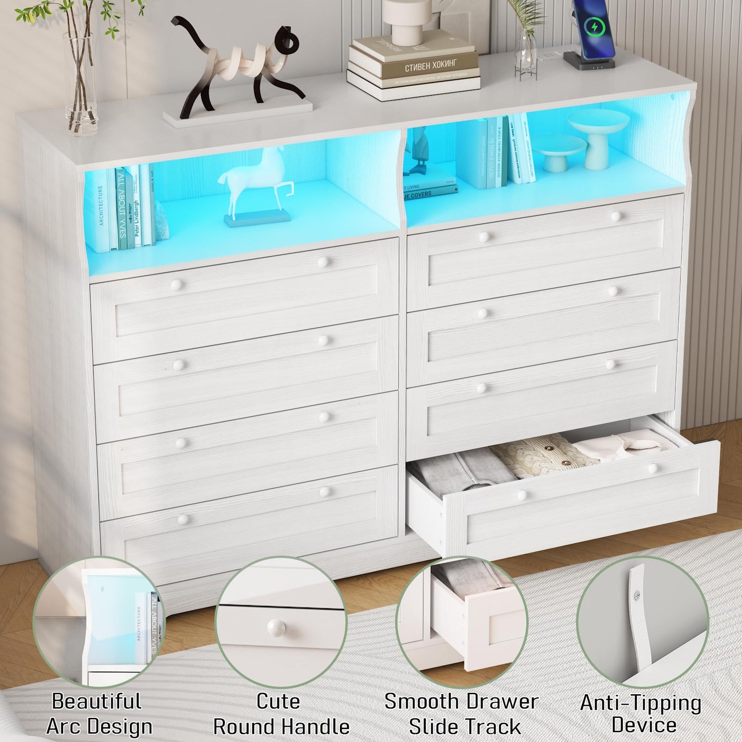 GAOMON 8 Drawer Wooden Dressers for Bedroom with Power Outlet and LED Lights, White Wood Chest of Drawers with Deep Drawer, Modern Wide TV Stand Dresser for 55" TV for Bedroom, Living Room, Hallway