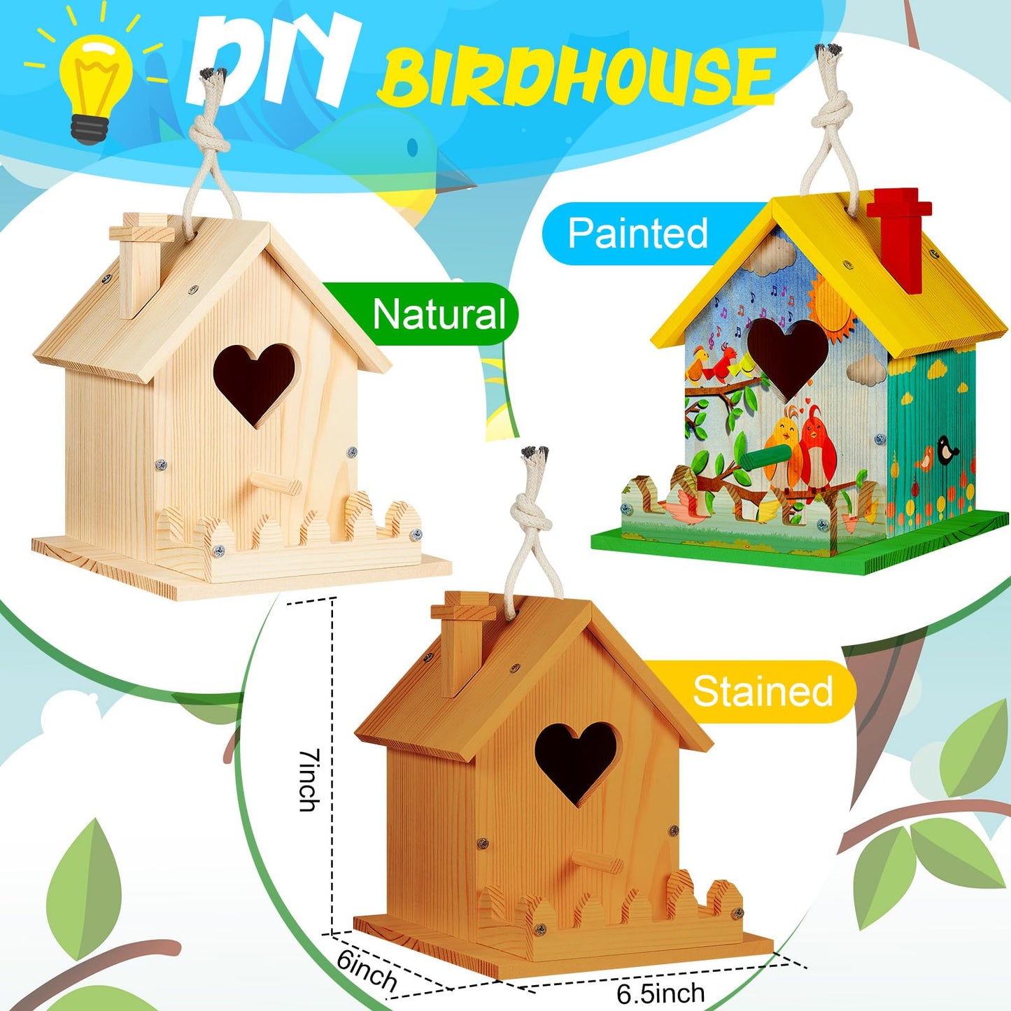 Juexica 2 Pack DIY Birdhouse Kits for Kids Ages 6+ Build and Paint Wooden Bird House Arts and Craft Project with Paint Strips Brushes for Boy Girl Adult Classroom Indoor Outdoor Crafts (Love Shaped)