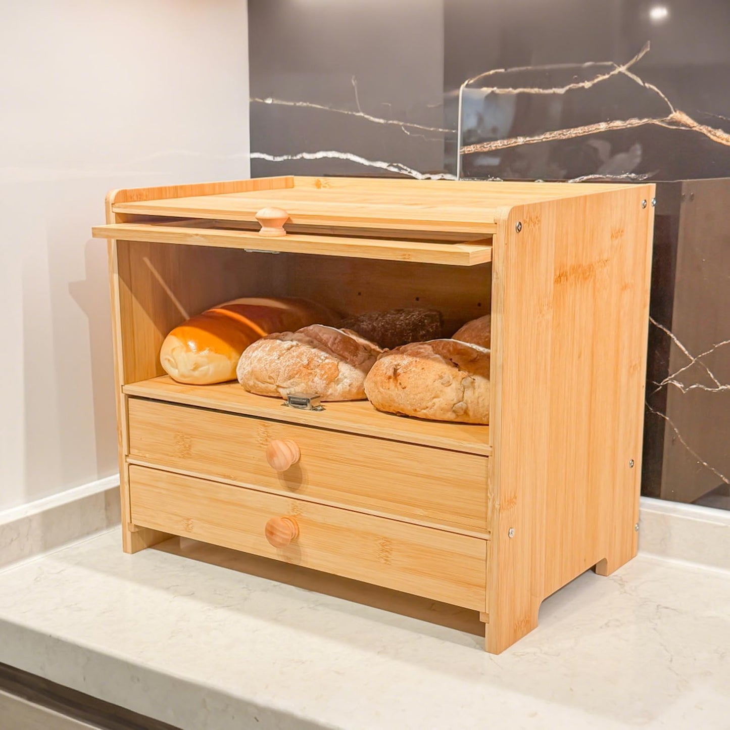 Aromfentu Bamboo Bread Box for Kitchen Countertop & Dining Room,Wooden Storage with Display Compartment & Built-in Bread Slicer,Eco-Friendly Organizer for Homemakers, Bakers & Bread Lovers ﻿