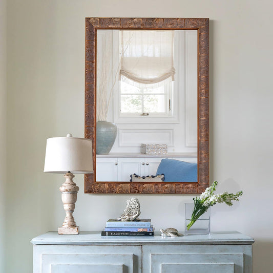 Chende Vintage Mirrors for Wall, 41'' x 29'' Bathroom Mirror with Feather Line Carving Wooden Frame, Retro Bronze Mirror for Living Room, Dining Room, Entryway