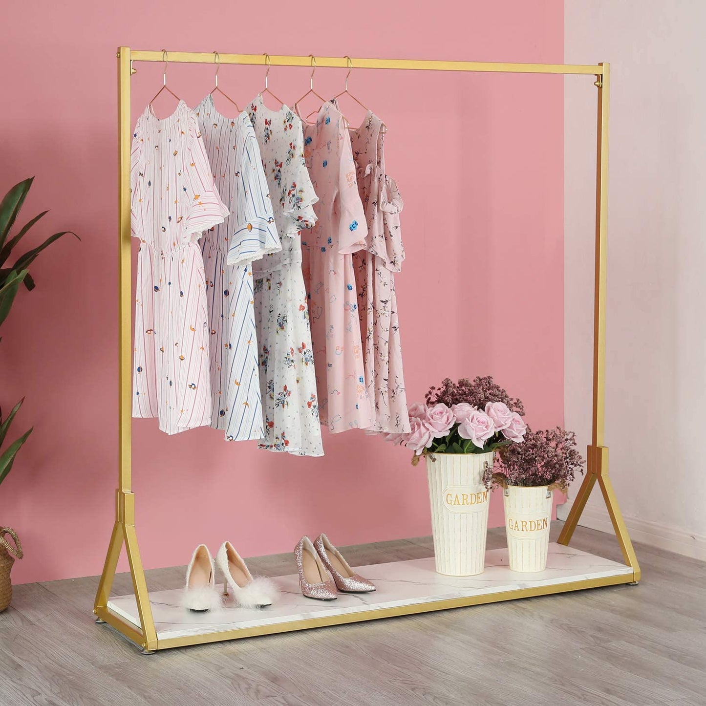 HOMEKAYT Gold Clothing Rack with Wooden Shelf for Boutique Retail Heavy Duty Hanging Rack- 59’’L