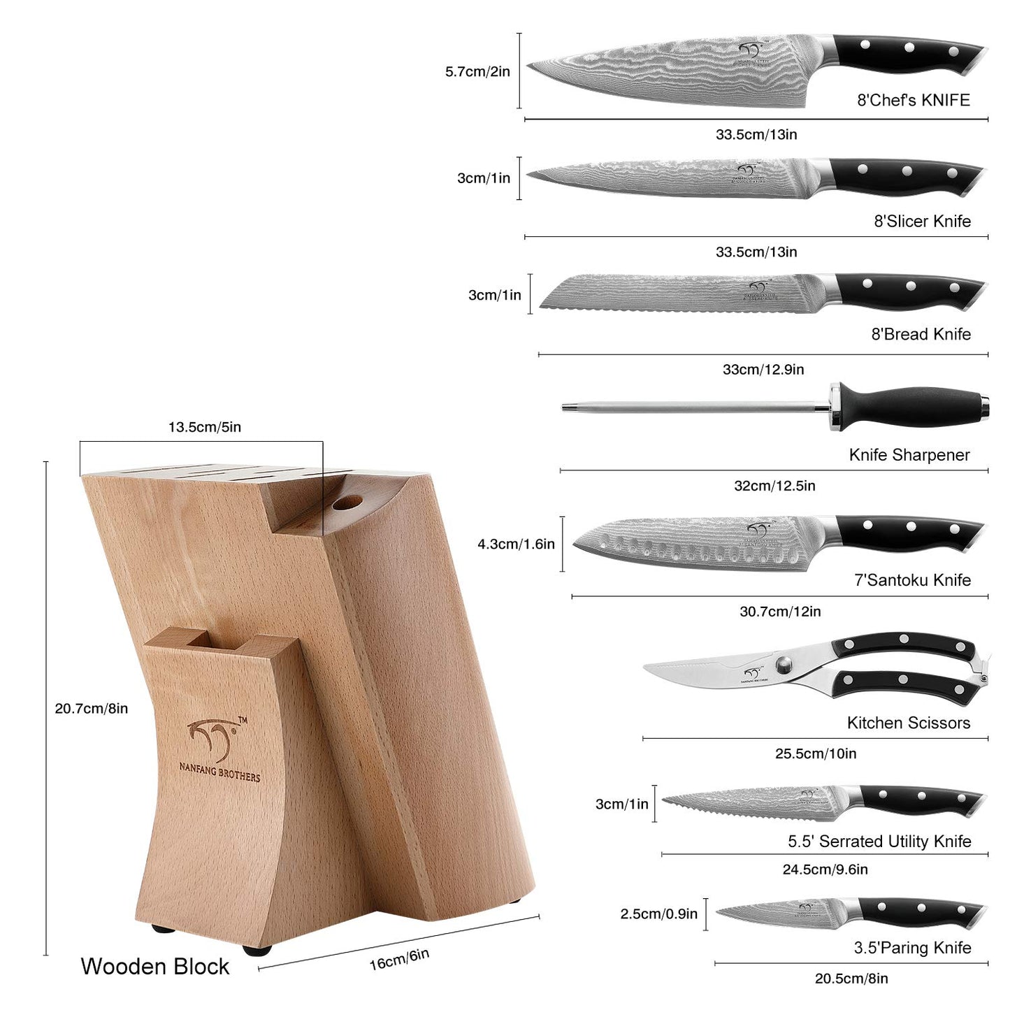 Kitchen Damascus Knife Set, 15 Pieces Kitchen Knife Set with Block, ABS Ergonomic Handle for Chef Knife Set, Knife Sharpener, Kitchen Shears, Natural Wooden Block and Bamboo Drawer Organizer, Gift Box