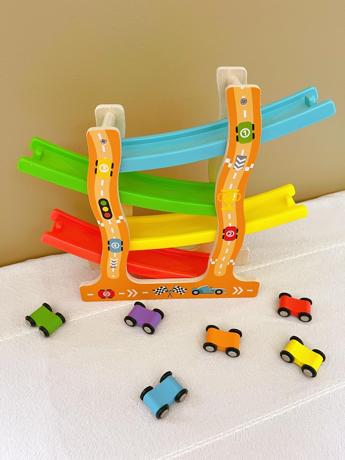 EduLand Montessori Visual Tracking Skills Transportation Model Rail Glide car Ramp Racer Toy for Toddlers 4 Level Race Car Toy Set Includes 6 Wood Cars Building Learning Toys for 3 4 5 6 7 Years Old