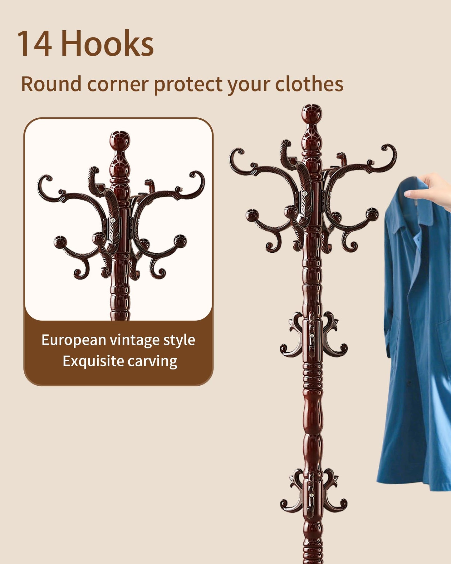 EZIVIEV Wooden Coat Rack Stand, Solid Wood Freestanding Coat Rack, Vintage Coat Racks with 14 Hooks & Disc Base, Standing Coat Hanger Jacket Tree Stand for Office, Entryway, Hallway