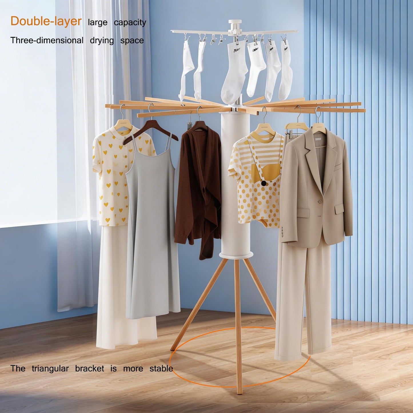 AZHZOLSK Clothes Drying Rack Tripod, Floor Standing Laundry Drying Rack, Portable & Foldable with 16 Wooden Poles Space-Saving Drying Rack for Laundry, Retractable Collapsible for Balcony Bedroom