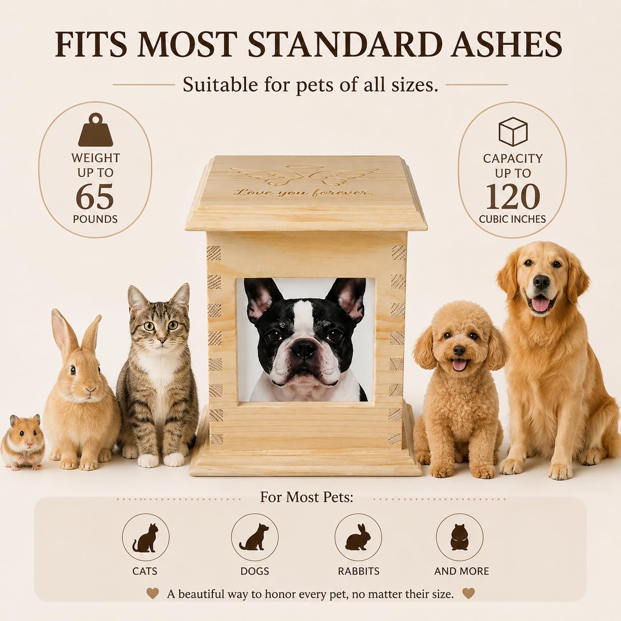 Pet Memorial Urn for Dogs & Cats with Photo Frame, Wooden Keepsake Ashes Box with Engraved Lid, Sympathy Gift for Loss of Pet, Decorative Memorial Box for Home Display