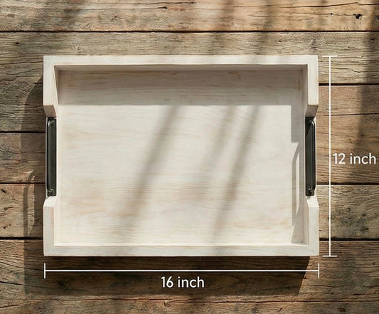 Wooden Rustic Large Serving Tray with Handles | White | Vintage Style | Unique Decorative Metal Corners | Wood Ottoman Tray | Outdoor Tray | Rustic Home Decor Tray | Tray for Coffee Table | Tea Tray