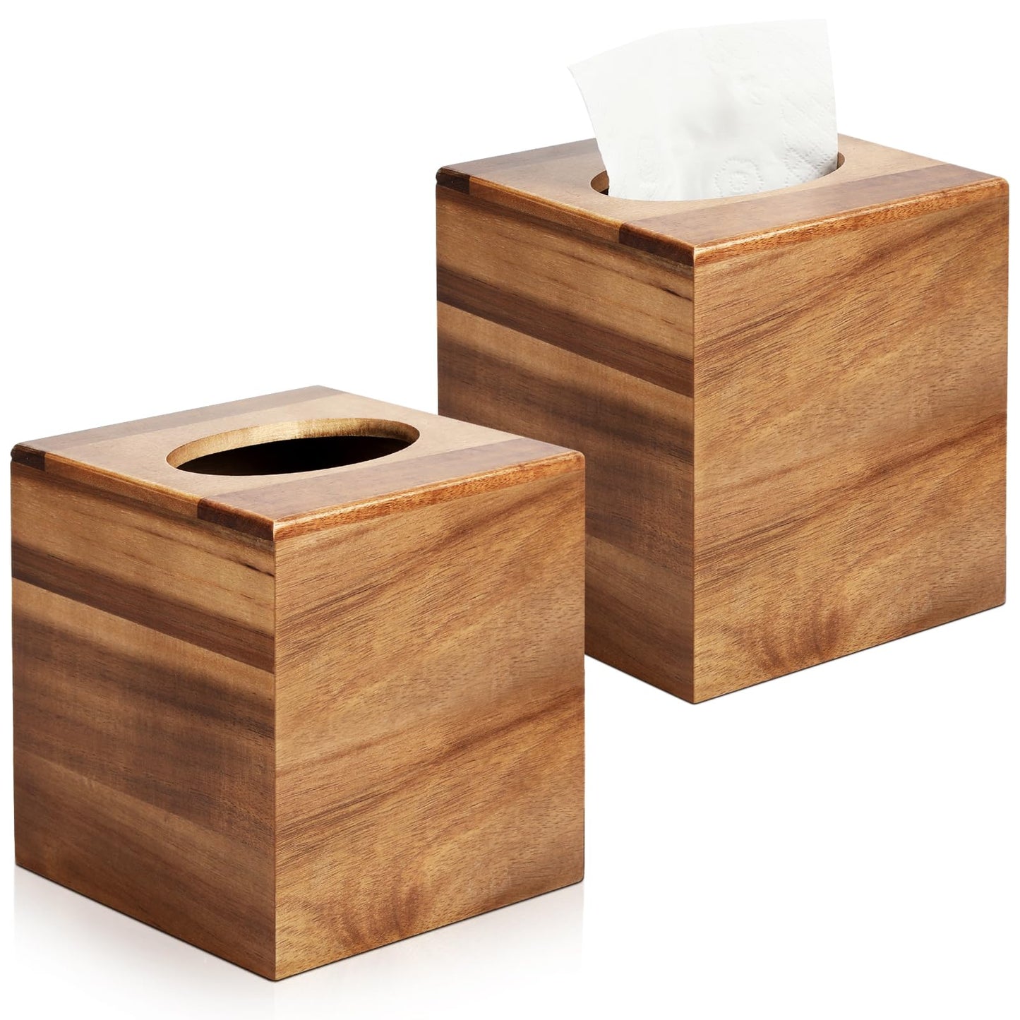 2 Pack Wooden Tissue Box Cover Bulk Square - Acacia Wood Tissue Box Holder for Tabletop Stands Bathroom Office- Decorative Facial Wood Tissue Box Cover for Modern Farmhouse Decor