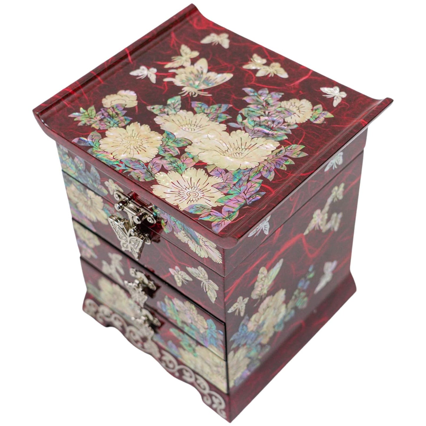 February Mountain Mother of Pearl Jewelry Box with 2 Drawers Gifts for Women Mom Wife Best Friend Birthday Mothers day Wedding Valentine Day (Red)