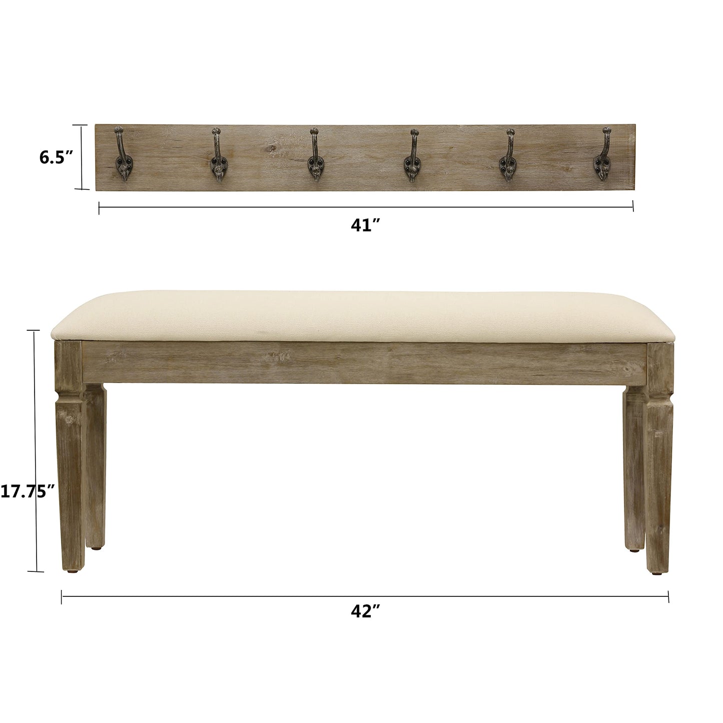 Decor Therapy Waverly Wood Bench with Coat Rack Set, Set of 2, White with Cream Cushion