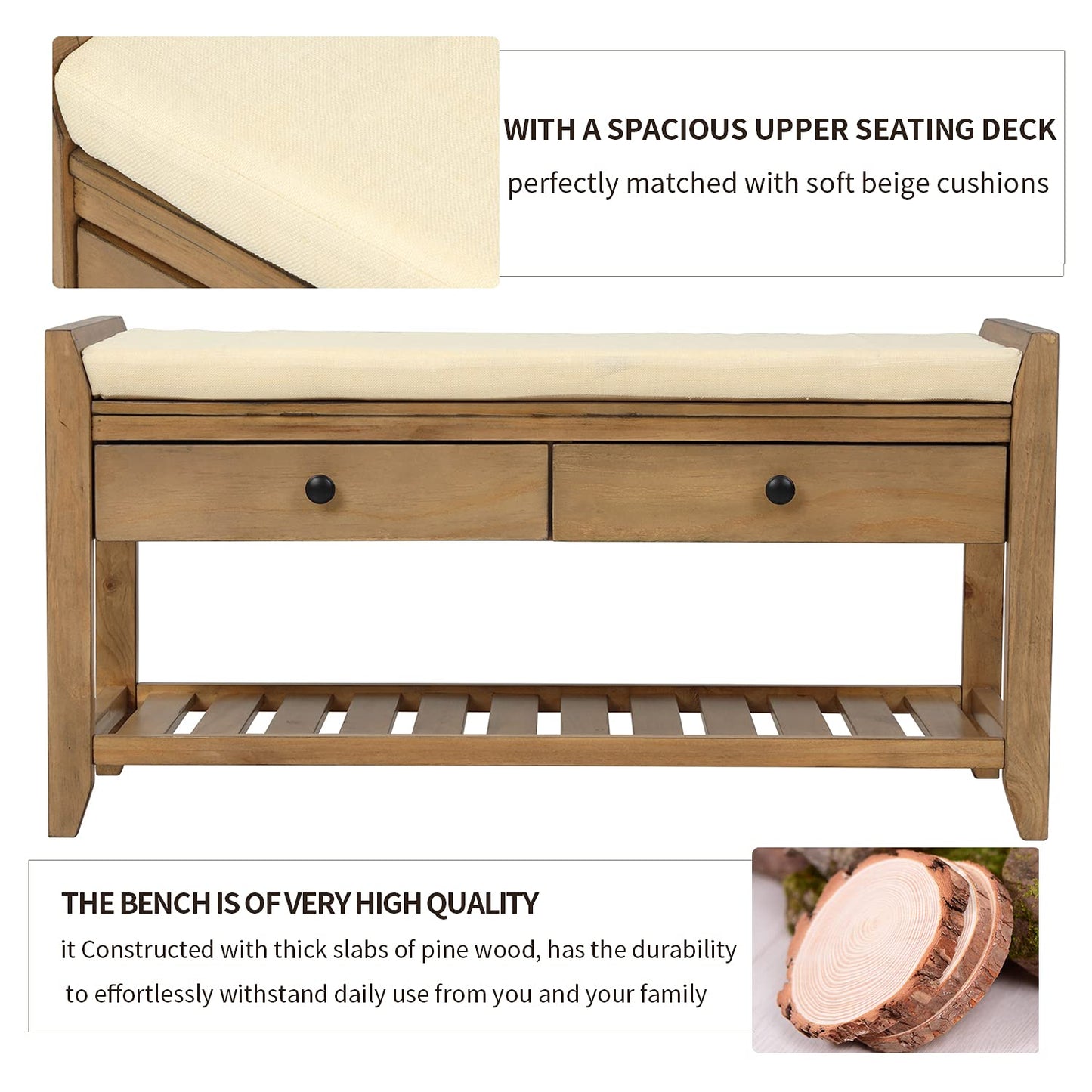 SPOFLYINN FQGXX_KITHJGUJW Gray White with Cushion Wooden Shelf Drawer Living Room Shoe Rack Bedroom Storage Seating Bench, One Size, Old Pine
