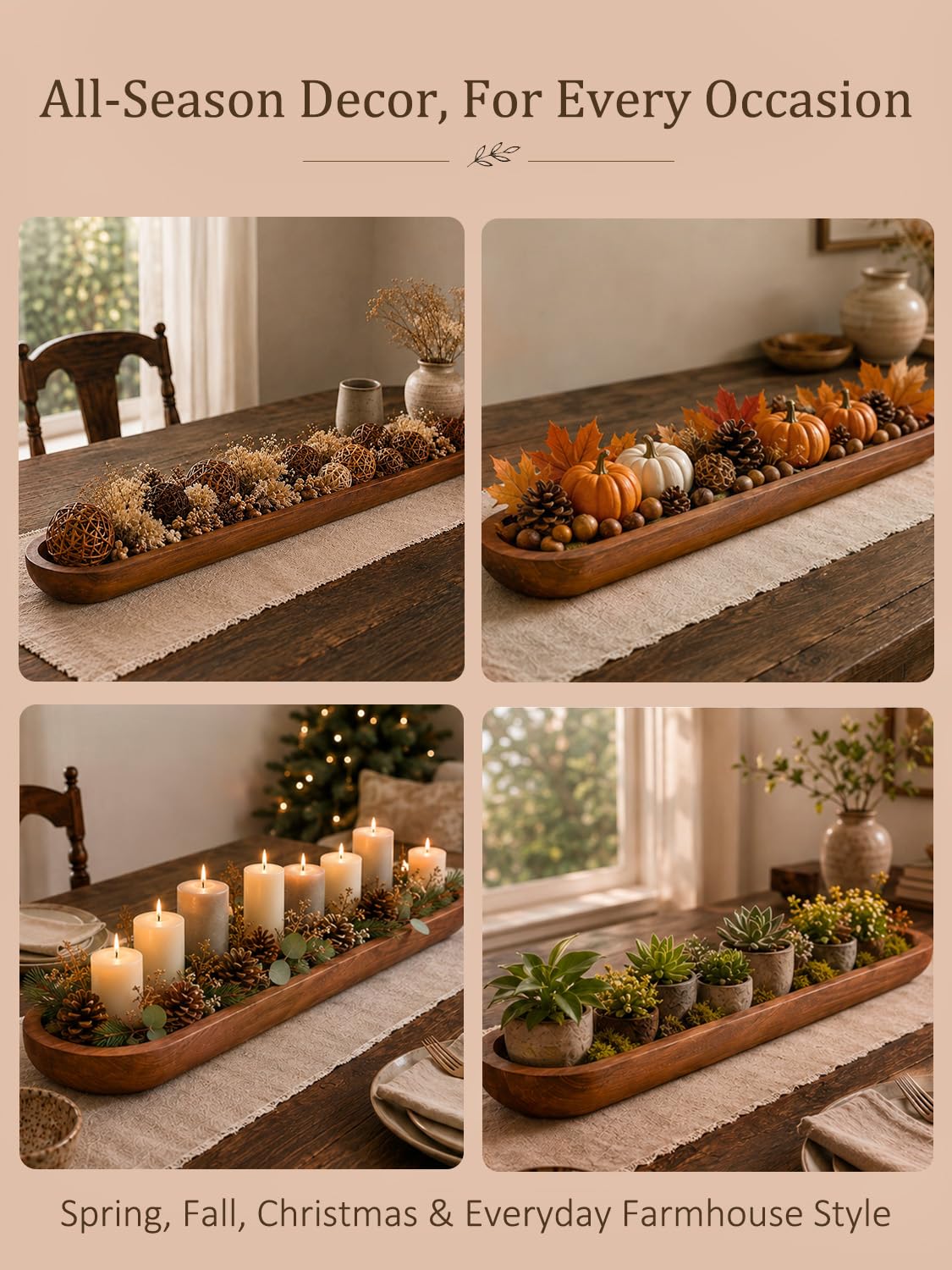 Duseu Wooden Dough Bowls for Decor Approx 29 Inch, Extra Large Long Wooden Bowl, Hand Carved Rustic Farmhouse Long Tray for Table Centerpiece, Living Room, Home Decor, Candle Bowl