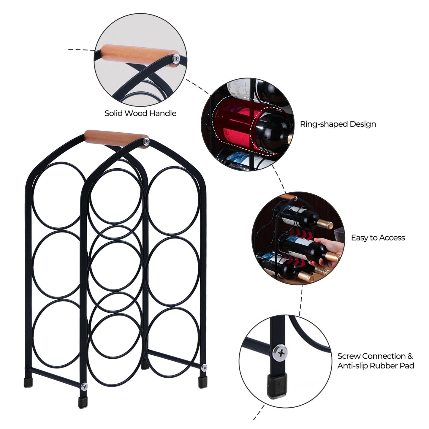 Yaltar Wine Rack countertop Wine Bottle Holder Metal Wine Rack, Industrial Style Honeycomb Design 6-Bottle Wine Storage with Wooden Handle, Easy Installation,for Home Kitchen Bar/Cabinet