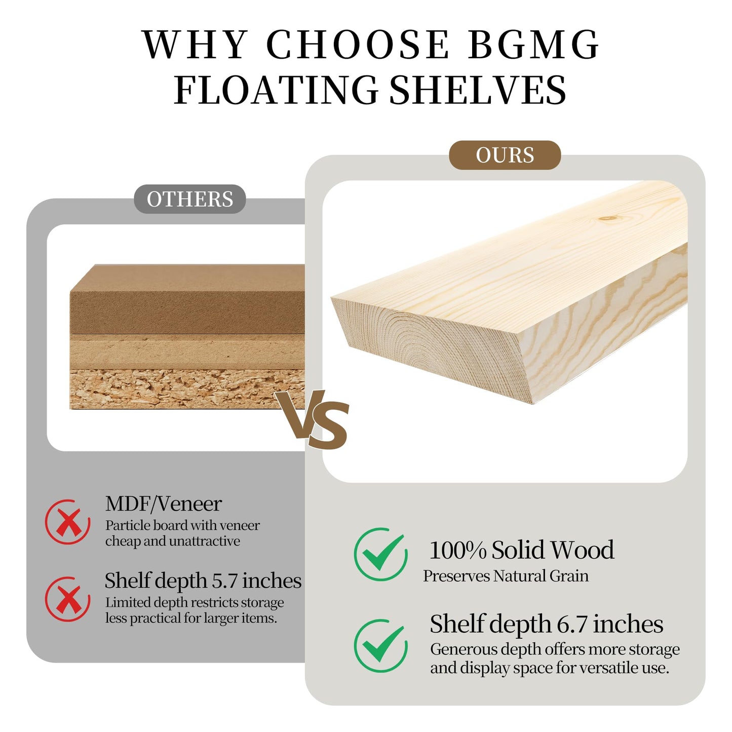 BGMG Wood Floating Shelves for Wall 18 inch Set of 2, Rustic Wooden Wall Mount Shelves for Bathroom Living Room Bedroom Kitchen Farmhouse -18x 6.7 x1.25 inch- Walnut Color