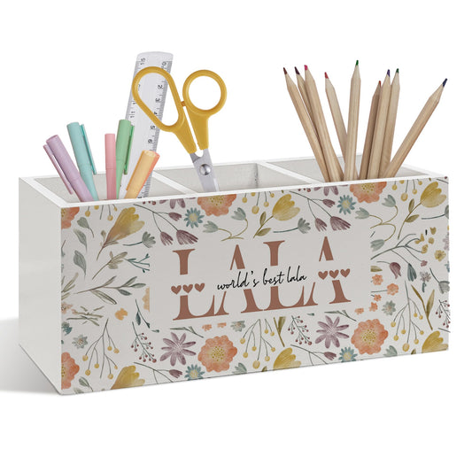 Foyoulame Lala Gifts Pen Pencil Holder, Grandma Gifts for Birthday Mother's Day, Floral Desk Accessories, World's Best Lala Wooden Pen Pencil Organizer for Home Bedroom Bathroom Desk Decor