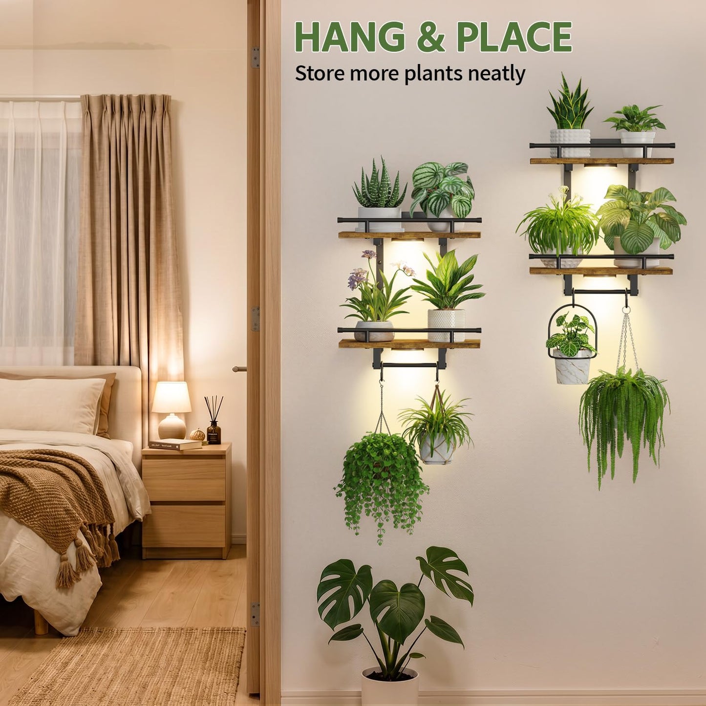 LASZOLA Floating Plant Shelves Holder Wall Mounted Indoor with Grow Lights, 2 Pack Plant Hangers Stand with 4 Hooks, Metal and Wood Flower Hanging Display for Living Room Kitchen Bathroom Decor, Brown