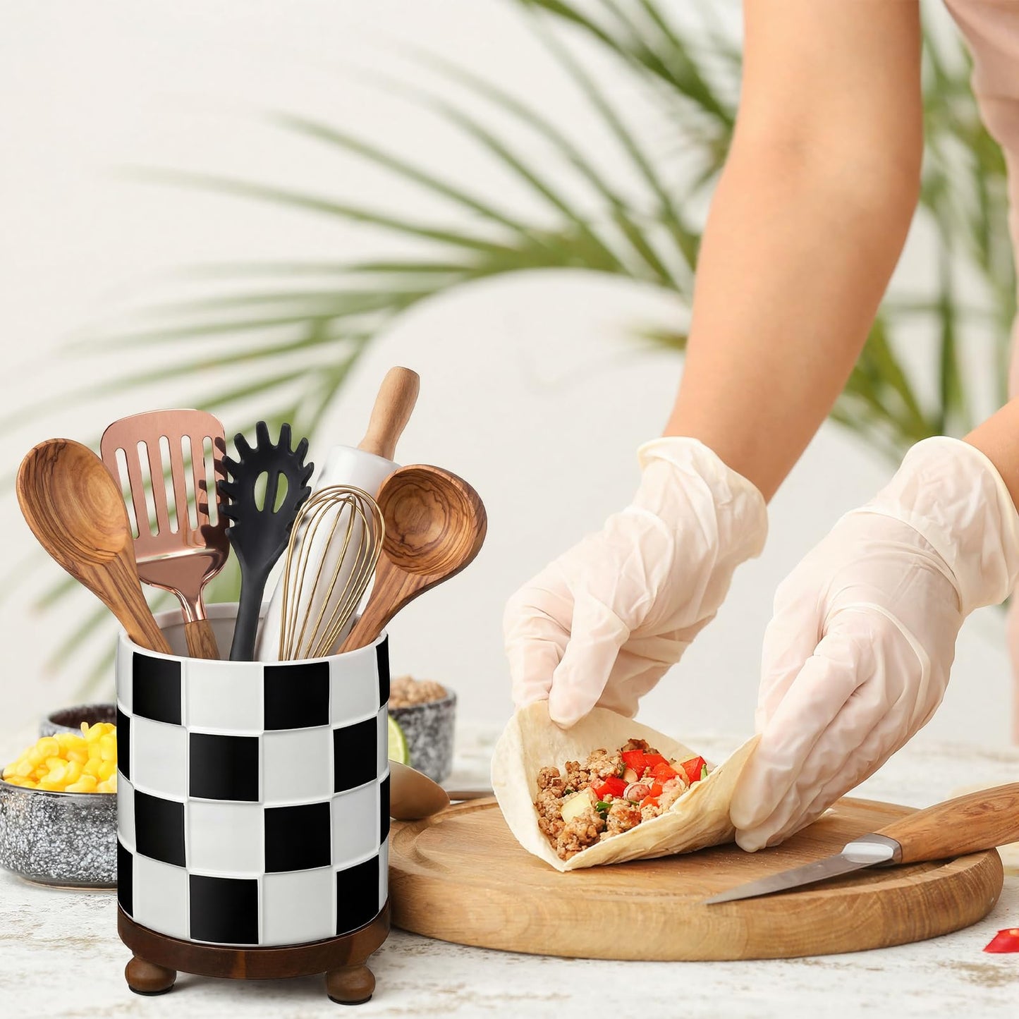 Ferrochef Kitchen Utensil Countertop Holder Checkered Utensil Crock with a Wooden Base 7.5 Inch Organizer Country Style Decorative for Storing Spoons Spatulas and Pot Spatulas