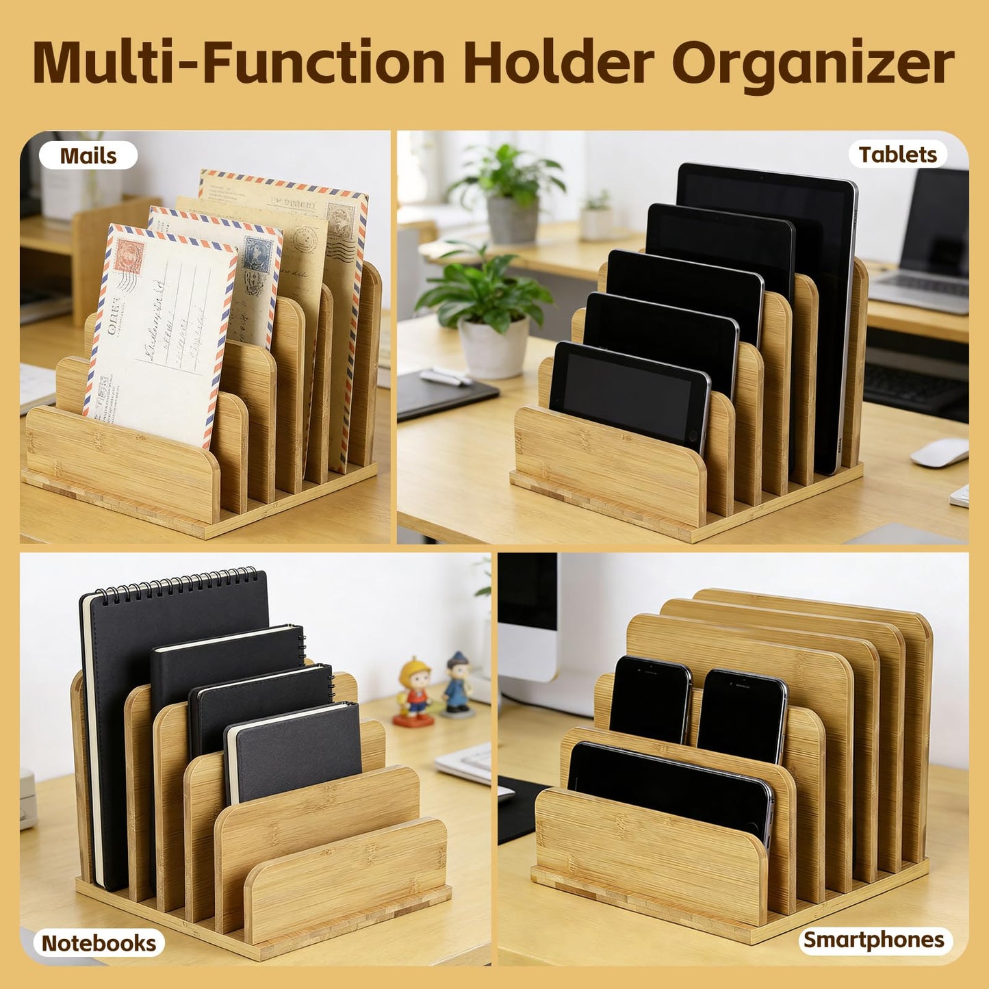 Device Organizer Holder, 5 Slots Bamboo Stand for Organizing Electronic Devices, Organize Tablets, Smartphones, Laptops, and Game Consoles, Slot Width are Adjustable, Also Organize Mails and Files