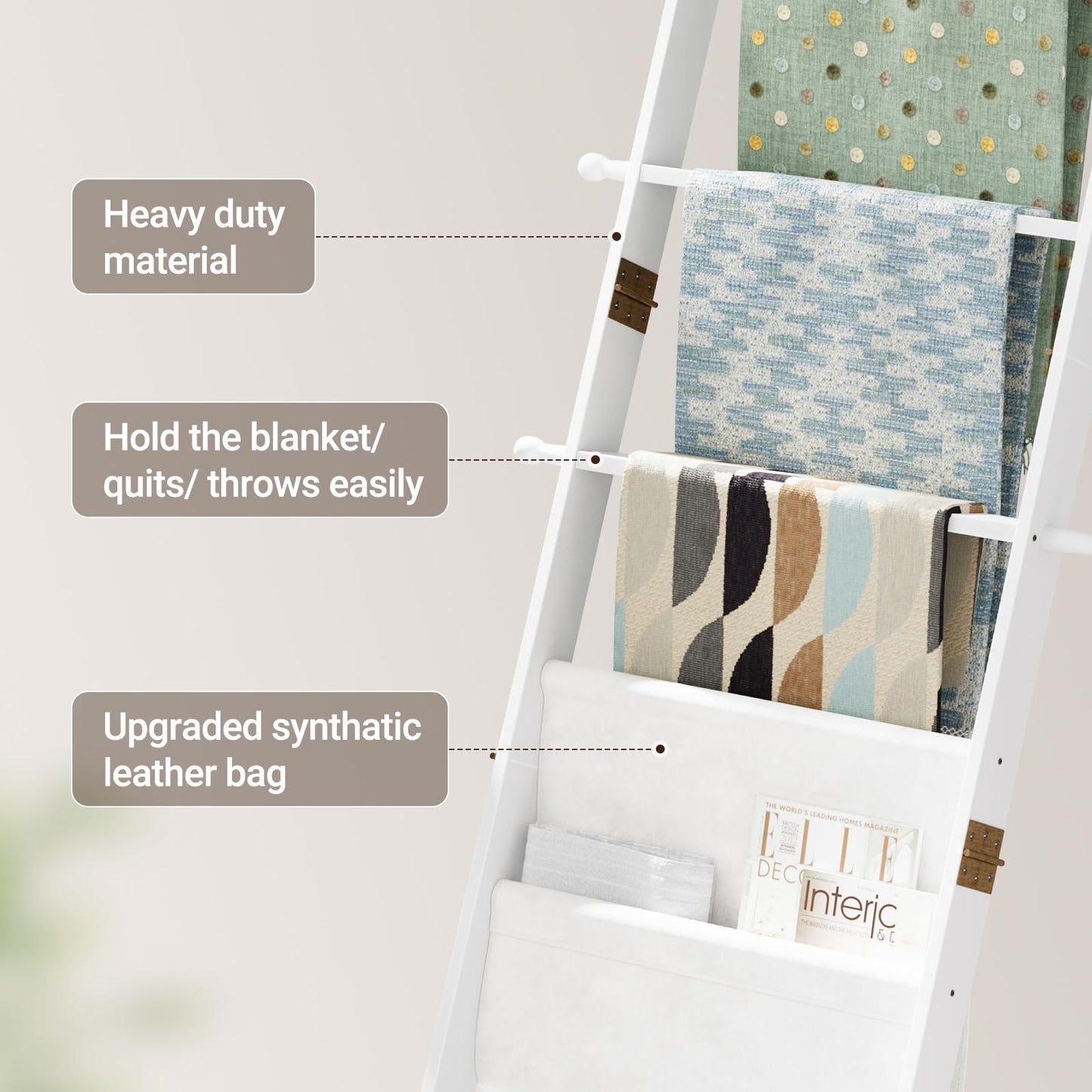 ELYKEN Blanket Ladder for Living Room, 5-Tier Wooden Towel Rack with Synthetic Leather Pocket, 4 Removable Hooks, Decorative Leaning Ladder Shelf for Bedroom, White