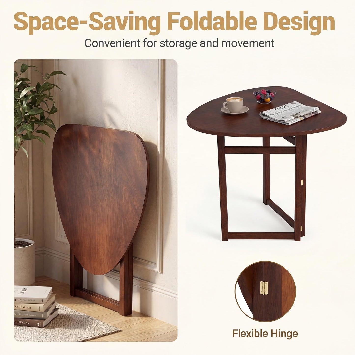 COSTWAY 31.5" Foldable Triangular Dining Table for 2-3, Small Kitchen Table with Walnut Wooden Top, Rubber Wood Legs, Space-Saving Compact Table for Small Apartments & Breakfast Nooks