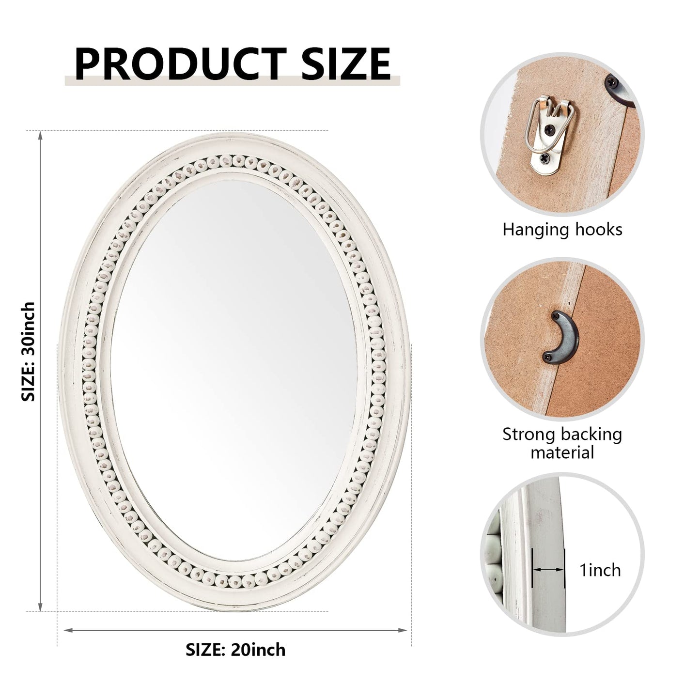 H HOMEWINS Oval Mirrors for Wall,20x30 Oval Wooden Rustic Farmhouse White Beads Boho Decorative Mirror for Bedroom, Bathroom, Living Room,Vanity