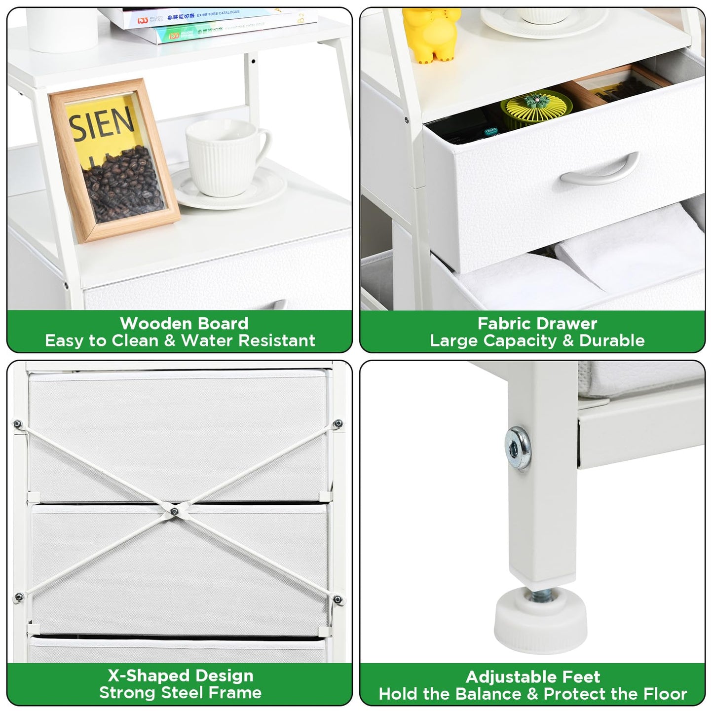 Ollieroo White Dresser for Bedroom, Storage Organizer with 5 Drawers, Vertical Fabric Storage Stand, Nightstand Bedside Table, Sturdy Steel Frame & Wooden Top