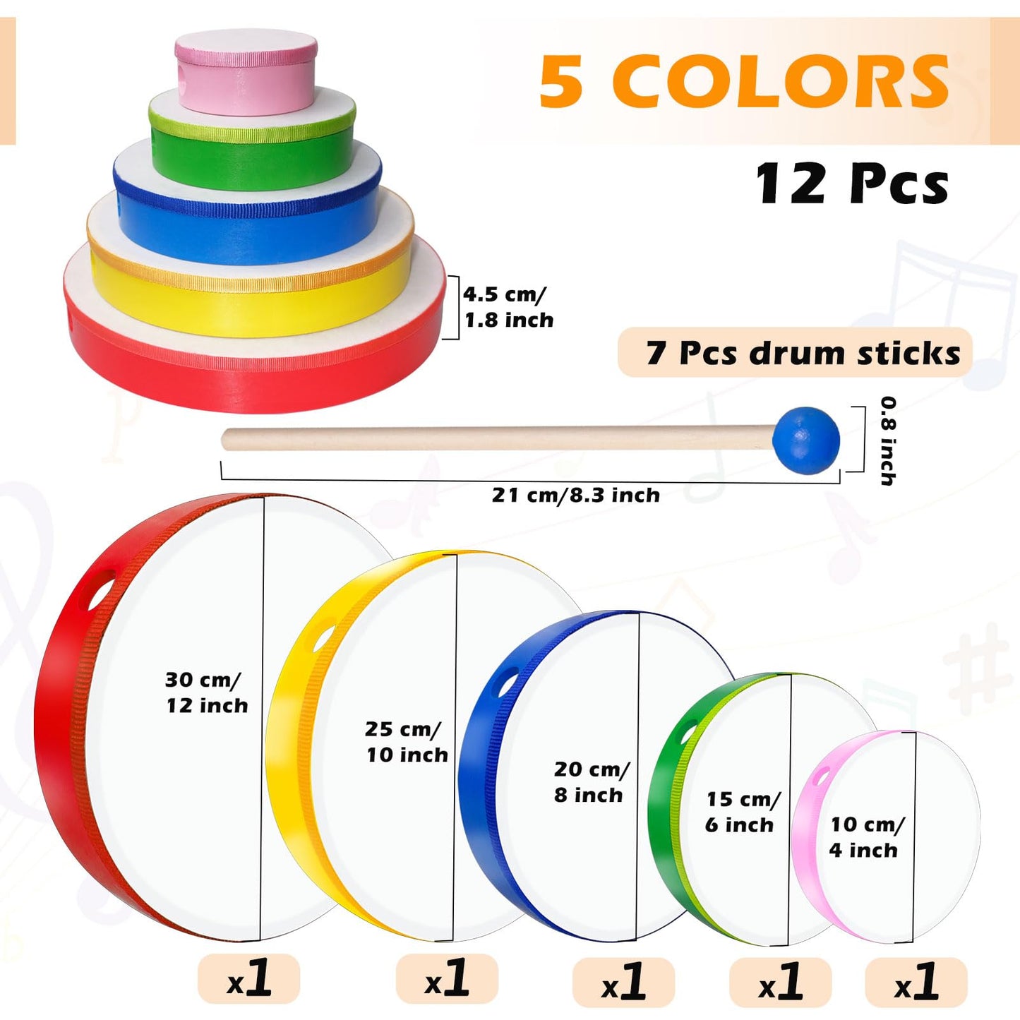 5 Pcs Kids Hand Drums Wood Frame Drum Set with Drum Stick 12 Inch 10 Inch 8 Inch 6 Inch 4 Inch Multicolor Percussion Musical Instruments for School Kids Adults Beginners Home Party Supplies