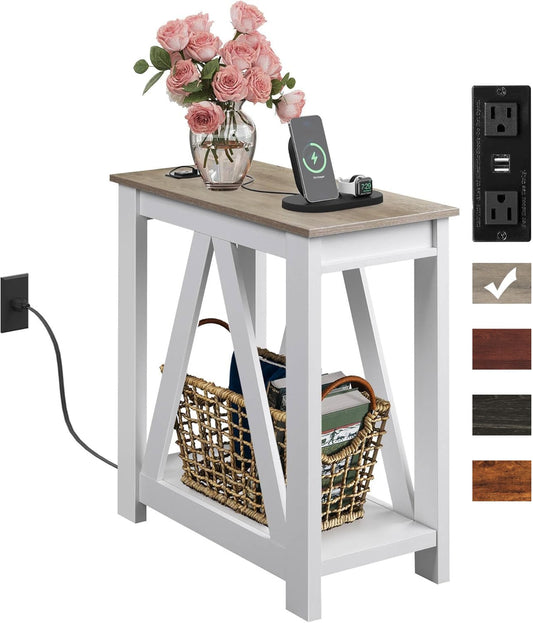 WLIVE Farmhouse End Table, Narrow Side Table with Charging Station, Slim End Table, Side Table for Bedroom, Living Room, Small Spaces, 2 USB and 2 Power Outlets, 11.8" D x 23.6" W x 23.74" H