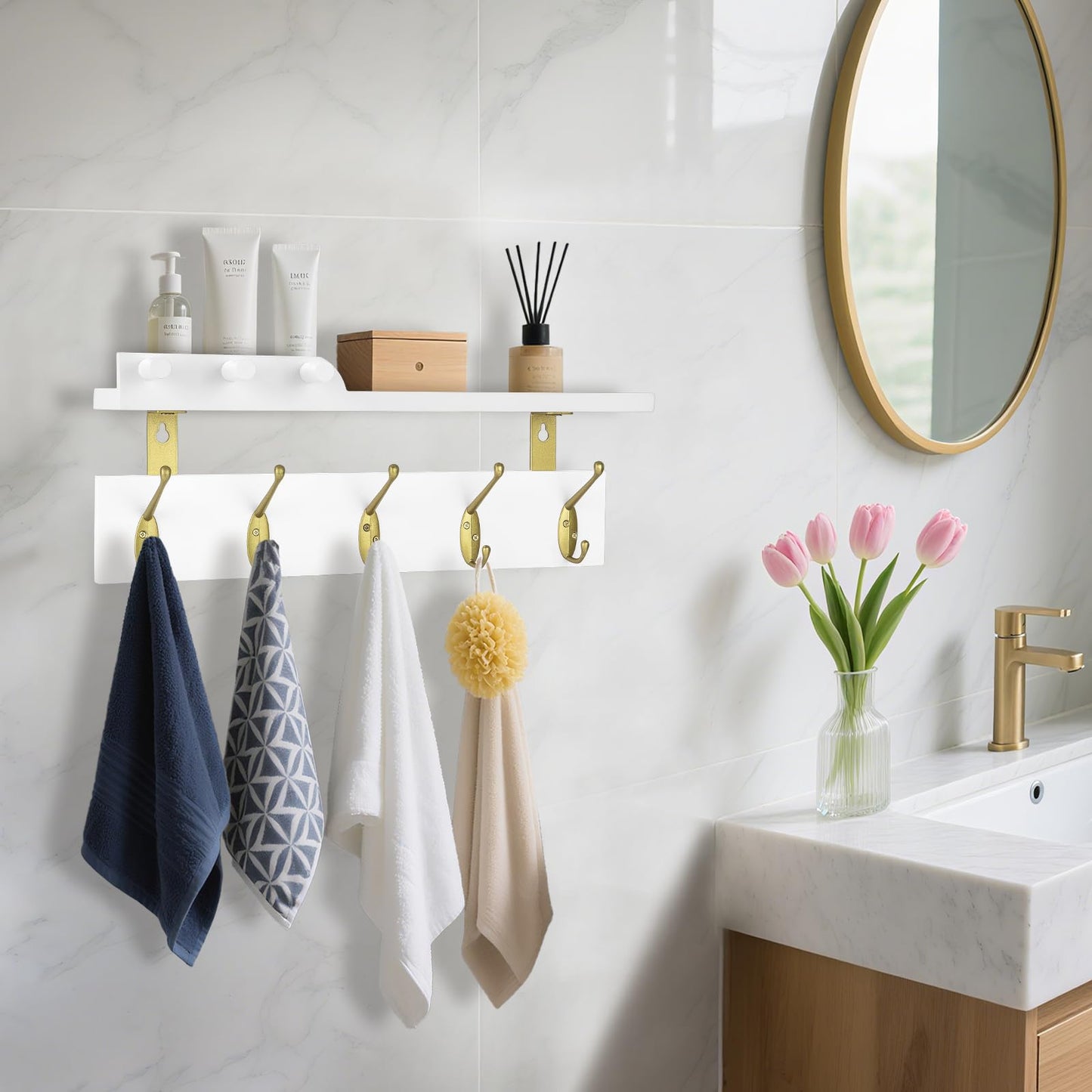 Lampaggio Wall Mounted Coat Rack with Shelf, 5 Gold Double Hooks, 3 Pegs, 16.5 inches White Wood Floating Shelf for Entryway, Bathroom, Bedroom