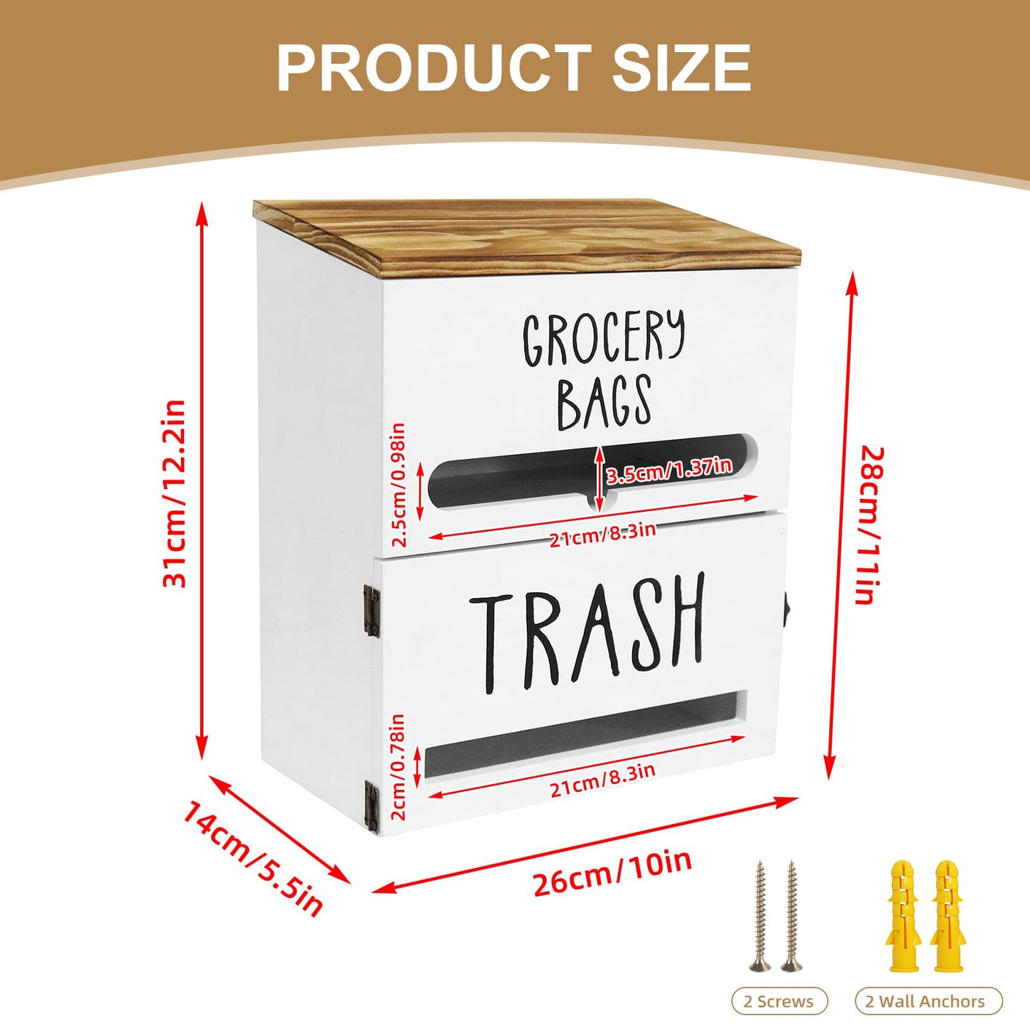 Liuceny 2 in 1 Trash Bag Dispenser, Double Wall Mounted,Wood Trash Bag Holder, used in kitchen, garage, laundry room, can store Environmentally friendly food bags and garbage bags (White)